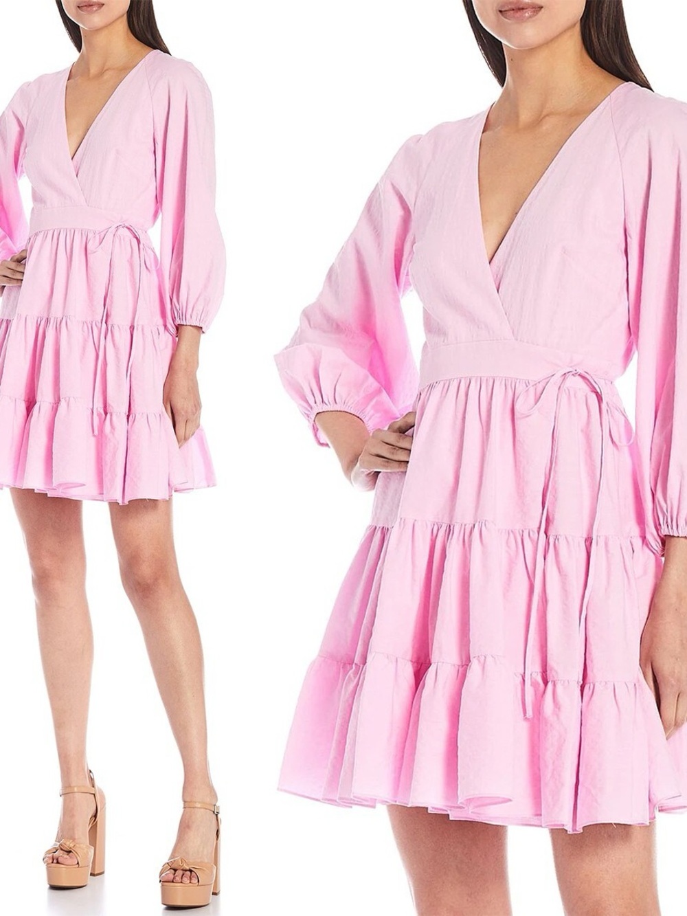 Women's Pink Wrap Tiered Midi Dress